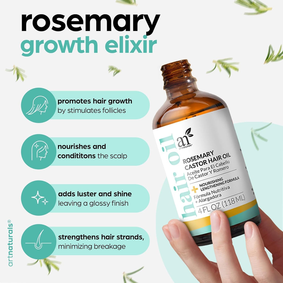 ArtNaturals Rosemary & Castor Scalp Oil + Scalp Massager Set, 4 oz