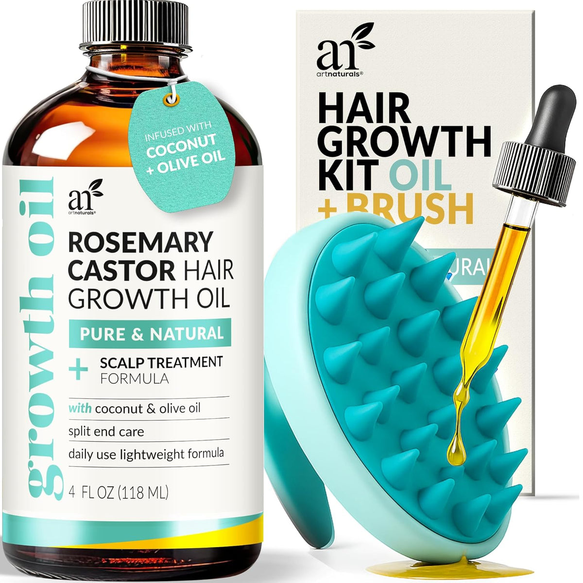 ArtNaturals Rosemary & Castor Scalp Oil + Scalp Massager Set, 4 oz