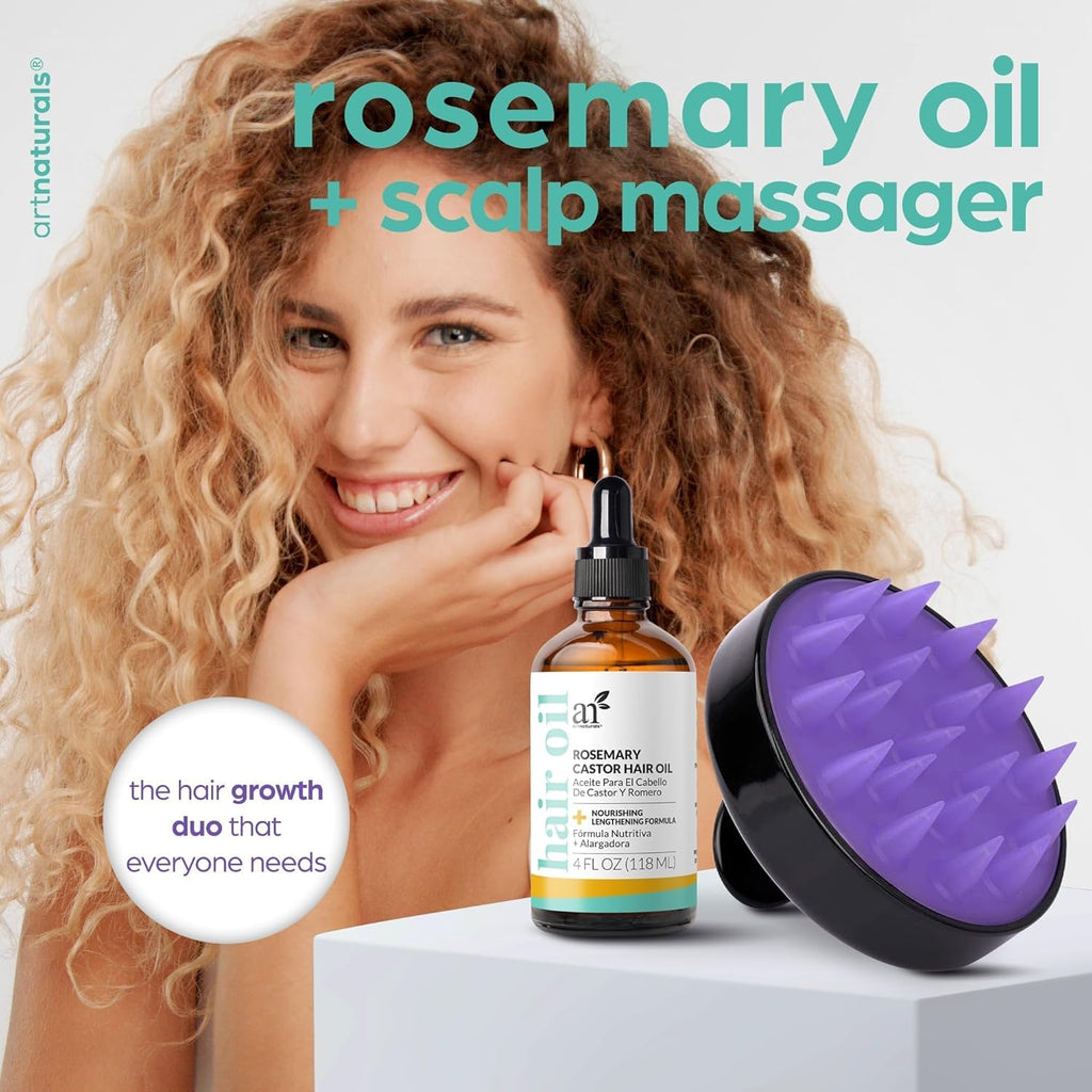 ArtNaturals Rosemary & Castor Scalp Oil + Scalp Massager Set, 4 oz